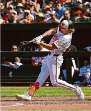  ?? Kenneth K. Lam/Tribune News Service ?? The Orioles’ Jackson Holliday connects for his first big-league hit as Baltimore beat Milwaukee.