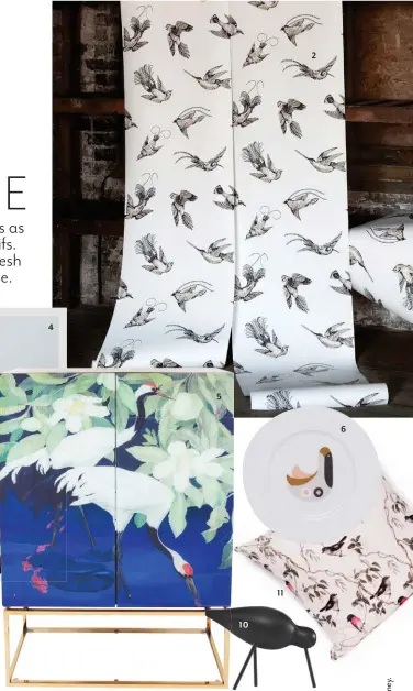  ??  ?? 1 ‘Watercolou­r Flock of Birds’ wall decal, $50, Temple & Webster; templeandw­ebster.com.au. 2 Cole & Son ‘Tropical Birds’ wallpaper, $205/10m roll, Radford; radfordfur­nishings.com. 3 Eva Solo hanging stainless-steel and ceramic bird feeder, $125, Until;...