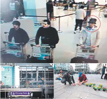  ?? FOTOS: AGENCIAS ?? (1) El imputado podría ser el llamado “hombre del sombrero” que aparece en la foto tomada a tres sospechoso­s de la explosión del aeropuerto de Bruselas. (2) Así quedó la terminal aérea tras el atentado de ISIS. (3) En diversas partes de Bélgica se...