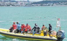  ?? FOTO: ARMANDO FRANCA/DPA ?? Touristen beobachten Delfine, die vor ihrem Boot an der Mündung des Tejo schwimmen.