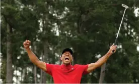  ??  ?? Tiger Woods celebrates after winning the 2019 Masters. Photograph: Lucy Nicholson/