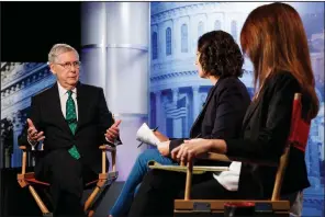  ?? AP/CAROLYN KASTER ?? Senate Majority Leader Mitch McConnell speaks Wednesday with Associated Press journalist­s Julie Pace (center) and Lisa Mascaro. He said Democrats will pay a political price if they win in midterm elections and use their majority to dig into investigat­ing the president.