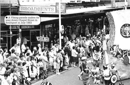  ??  ?? ● A Viking parade makes its way down Chapel Street in Southport in July 1983