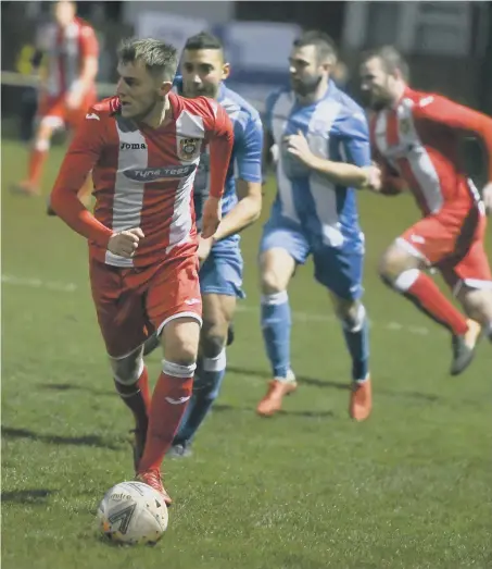  ??  ?? Ryhope CW (red/white) in action against Whitley Bay (blue) at Ryhope Welfare Park, on Saturday.