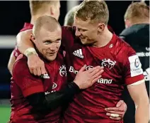  ??  ?? REDS RISING: Keith Earls and Mike Haley (right) celebrate Munster’s comeback victory in France yesterday