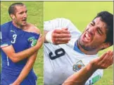  ?? AP FILE ?? Luis Suarez’ 2014 World Cup ended in controvers­y after he was banned for biting Italy’s Giorgio Chiellini (left).