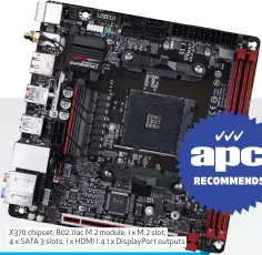  ??  ?? X370 chipset; 802.11ac M. 2 module; 1 x M. 2 slot, 4 x SATA 3 slots; 1 x HDMI 1.4 1 x DisplayPor­t outputs