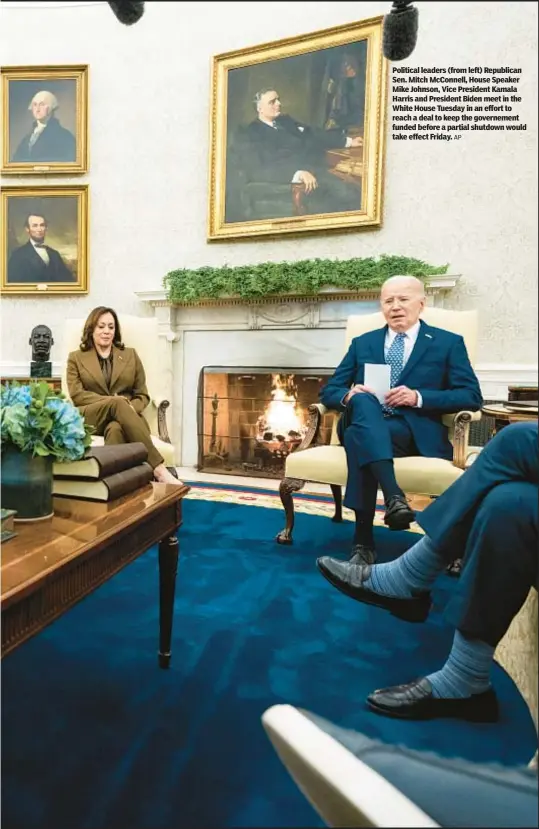  ?? AP ?? Political leaders (from left) Republican Sen. Mitch McConnell, House Speaker Mike Johnson, Vice President Kamala Harris and President Biden meet in the White House Tuesday in an effort to reach a deal to keep the governemen­t funded before a partial shutdown would take effect Friday.