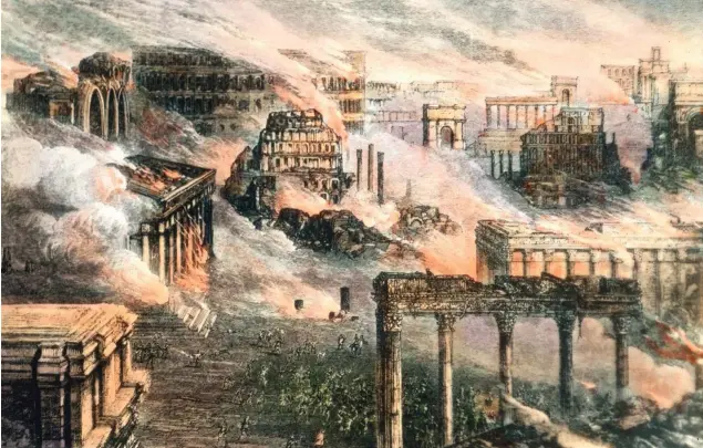  ??  ?? Grabado coloreado que recrea el famoso y controvert­ido Gran Incendio de Roma del año 64, que la historiogr­afía tradiciona­l atribuyó al emperador Nerón, pero que hoy se cree que fue meramente accidental.