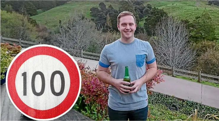  ?? SUPPLIED ?? Auckland man Bradley Scales celebrates with a beer after NZTA announced its variable speed limits on SH16 and SH20 would allow for 100kmh. INSET: New 100kmh speed limit.