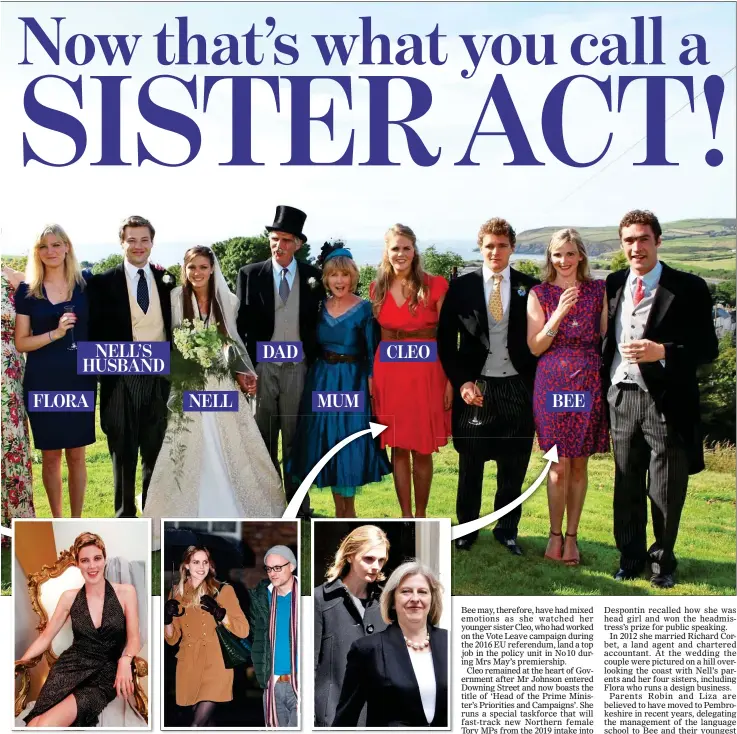  ??  ?? THE WATSON DYNASTY: Molly, left, wrote In The Pink about the sisters’ horsey set; Cleo, centre, with the PM’s policy guru Dominic Cummings; and, right, Bee worked for Theresa May. Main picture: The family at Nell’s wedding in 2012