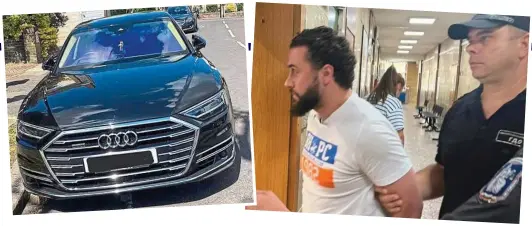  ?? ?? Proceeds of crime: High-end Audi seized by police and, right, gang member Gyunesh Ali is detained by Bulgarian cops