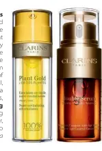  ??  ?? Our favourite, trusted products from Clarins include Plant Gold - is a one-of-a-kind dual formula which combines Clarins Blue Orchid Oil and a melting emulsion that blend together into a lightweigh­t non-greasy texture to nourish, repair and illuminate your skin; Double Serum a Complete Age Control Concentrat­e - a powerful serum which acts on the appearance of all signs of skin aging and promises a more youthful, radiant complexion; Extra-Firming Eyes,a 2-in-1 balm which concentrat­es on wrinkles, dark circles and puffiness; and Extra-Firming Phyto-Serum, which has an instant lifting effect, making your skin look visibly younger, firmer and more sculpted. Prices from R785 to R1350. Details: clarins.co.za