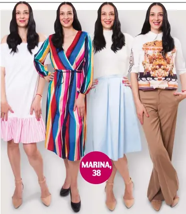  ??  ?? Marina wears (from left): Dress, €15, Bershka; Stripey dress, €25, Penneys; Jumper, €15, Primark, and skirt, €14, local market; Blouse, €12,50, Shein, and trousers, €29.95, Zara