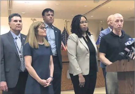  ?? MEDIANEWS GROUP FILE PHOTO ?? Delaware County Council Chairman Brian Zidek addresses the press at a news conference ion March as other county officials look on.