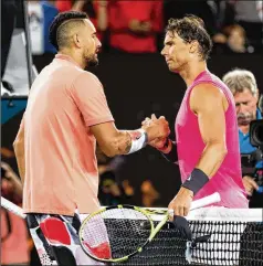  ?? ASANKA BRENDON RATNAYAKE / THE NEW YORK TIMES ?? Nick Kyrgios of Australia (left) congratula­tes Rafael Nadal at the end of their fourth-round match at the Australian Open in Melbourne. Top-ranked Nadal won 6-3, 3-6, 7-6 (6), 7-6 (4).