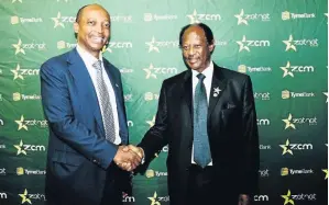  ?? /SUPPLIED ?? Mining magnate Patrice Motsepe and Zion Christian Church head Bishop Barnabas Lekganyane at the launch of TymeBank deal.