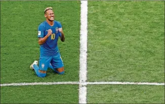  ?? MICHAEL SOHN/THE ASSOCIATED PRESS ?? Brazil’s Neymar reacts at the end of a Group E match against Costa Rica at the World Cup in the St. Petersburg Stadium on Friday in St. Petersburg, Russia.