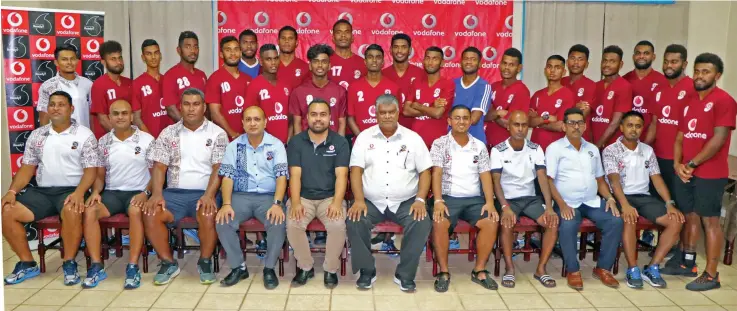  ?? Photo: Salote Qalubau ?? Vodafone Fijian Under-23 football team with Vodafone Fiji and Fiji Football Associatio­n officials at the Fiji Football Associatio­n academy in Ba on September 20, 2019.