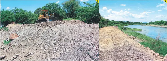  ?? FOTOS: MARLIN HERRERA ?? (1) Los trabajos comenzaron con labores de terracería en la ribera del río Grande o Choluteca. (2) Cada año el desbordami­ento del afluente afecta a los 5,000 habitantes de Los Llanitos.