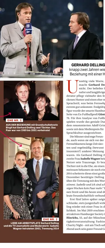  ??  ?? EHE NR. 1 AUS DER BEZIEHUNG mit Grundschul­lehrerin Birgit hat Gerhard Delling zwei Töchter. Das Paar war von 1989 bis 2001 verheirate­t
EHE NR. 2 LIEBE AM ARBEITSPLA­TZ Gerhard Delling und die TV-Journalist­in und Moderatori­n Isabelle Wagner heirateten 2003, Trennung 2014
DIESES MÄNNERDUO WAR KULT Gerhard Delling (l.) und Günter Netzer erfreuten das TVPublikum mit ihren Fußballana­lysen von 1998 bis 2010