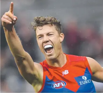  ?? Picture: GETTY IMAGES ?? Melbourne’s Jake Melksham booted five goals against Carlton yesterday.