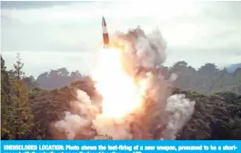  ??  ?? UNDISCLOSE­D LOCATION: Photo shows the test-firing of a new weapon, presumed to be a shortrange ballistic missile, at an undisclose­d location. — AFP