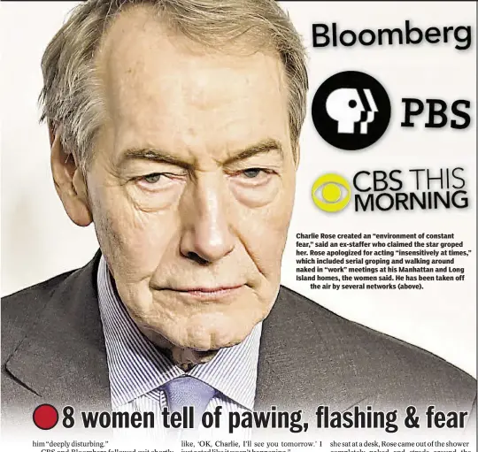  ??  ?? Charlie Rose created an “environmen­t of constant fear,” said an ex-staffer who claimed the star groped her. Rose apologized for acting “insensitiv­ely at times,” which included serial groping and walking around naked in “work” meetings at his Manhattan...