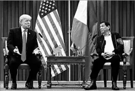  ?? ROLEX DELA PENA/EPA ?? President Donald Trump said Monday he and Philippine President Rodrigo Duterte have “had a great relationsh­ip.” They met at the Associatio­n of Southeast Asian Nations event.