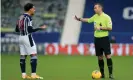  ??  ?? West Brom’s Matheus Pereira reacts with disbelief after being sent off by Paul Tierney, following consultati­on with VAR. Photograph: Mike Egerton/AFP/Getty Images