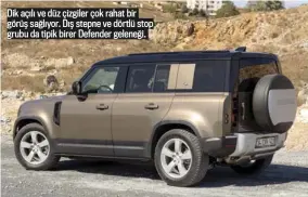  ??  ?? Dik açılı ve düz çizgiler çok rahat bir görüş sağlıyor. Dış stepne ve dörtlü stop grubu da tipik birer Defender geleneği.