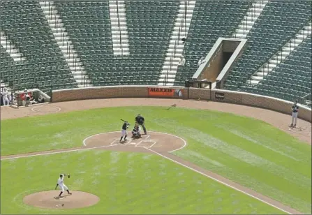  ?? Patrick Semansky Associated Press ?? THE ORIOLES’ Ubaldo Jimenez pitches to the Chicago White Sox’s Adam Eaton with no crowd at Camden Yards on April 29, 2015, following civil unrest in Baltimore. Such a sight could become common in big-time sports as the fallout from the coronaviru­s grows.