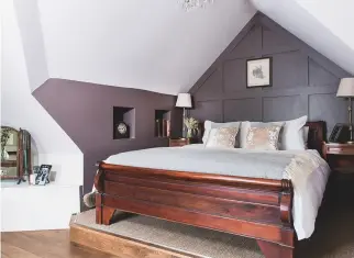  ??  ?? Master bedroom Chestnut Cottage is available to book for holiday breaks via airbnb and New Forest escapes. French hardwood double mahogany-stained sleigh bed, £ 499, the Furniture Market, has this look