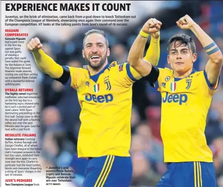  ??  ?? Juventus's goal scorers Paulo Dybala (right) and Gonzalo Higuain celebrate their win over Tottenham. GETTY IMAGES