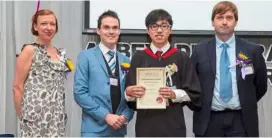  ??  ?? Nicholas Aaron Tam (second from the right) completed the 18-month A-Level at Abbey DLD College UK and is now reading his Mathematic­s degree at Cambridge University. He is accompanie­d by (from left) Abbey College Cambridge pastoral vice-principal Karen...