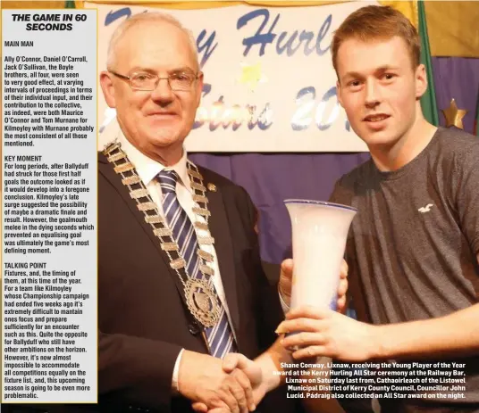  ??  ?? Shane Conway, Lixnaw, receiving the Young Player of the Year award at the Kerry Hurling All Star ceremony at the Railway Bar, Lixnaw on Saturday last from, Cathaoirle­ach of the Listowel Municipal District of Kerry County Council, Councillor John Lucid. Pádraig also collected an All Star award on the night.