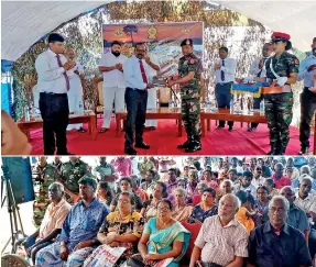  ?? ?? Jaffna's Security Forces Commander Major General Swarna Buthota is seen handing over land documents to Jaffna District Secretary Ambalawan Sivabalasu­ndaran. Pix by N. Lohathayal­an