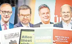  ?? FOTOS: DPA/RND-MONTAGE: NILS WEINERT ?? Konkurrenz: Friedrich Merz (v. l.), Marco Buschmann, Robert Habeck und Olaf Scholz stellten die jeweiligen Wahlprogra­mme ihrer Partei vor.