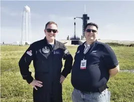  ?? Courtesy Kyle Hippchen via AP ?? Kyle Hippchen, right, says Chris Sembroski, near launch complex 39A in Cape Canaveral in April 2021, is the one person ‘who lives and breathes’ space stuff like he does.