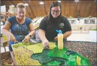  ?? BEA AHBECK/NEWS-SENTINEL ?? Left: Omega Nu’s Julie Pilcher and Brennan Mallory work on a grape mural on Tuesday at the fairground­s in Lodi in preparatio­n of the Grape Festival.