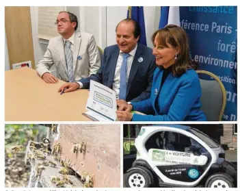  ??  ?? Gaëtan Prévert et Gilles Maloisel ont signé une convention avec Ségolène Royal, le 3 novembre dernier, au Ministère de l’environnem­ent. Des projets d’installati­on de ruches et la mise en place de l’auto-partage (comme ici à Tinchebray, photo en bas à...