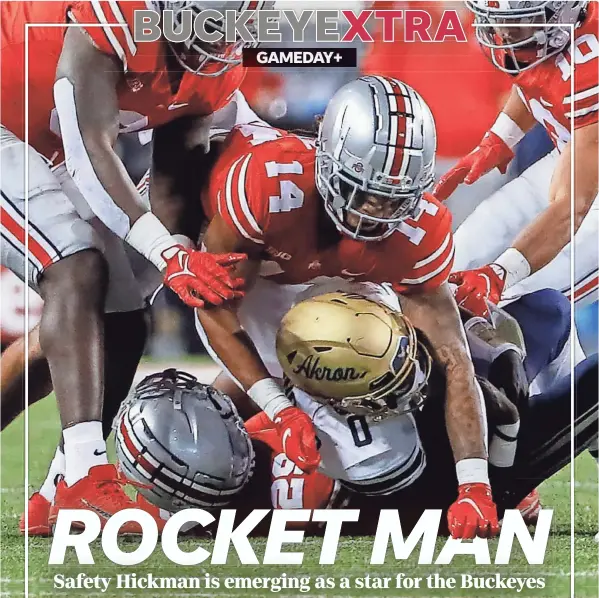  ?? JOSHUA A. BICKEL/COLUMBUS DISPATCH, ILLUSTRATI­ON BY MARC JENKINS/USA TODAY NETWORK ?? Ronnie Hickman leads the Buckeyes in both solo tackles (20) and total tackles (33) and returned an intercepti­on for a touchdown last week against Akron.