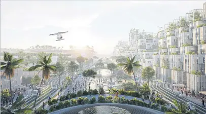  ??  ?? Artists’ renderings illustrate the planned Penang South Reclamatio­n project, dubbed BiodiverCi­ty, comprising three lilypad-shaped islands with residentia­l and industrial zones. Most structures will be built with recycled materials and powered by renewable energy.