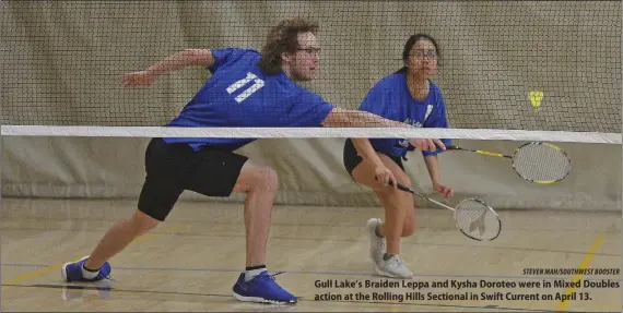  ?? STEVEN MAH/SOUTHWEST BOOSTER ?? Gull Lake’s Braiden Leppa and Kysha Doroteo were in Mixed Doubles action at the Rolling Hills Sectional in Swift Current on April 13.