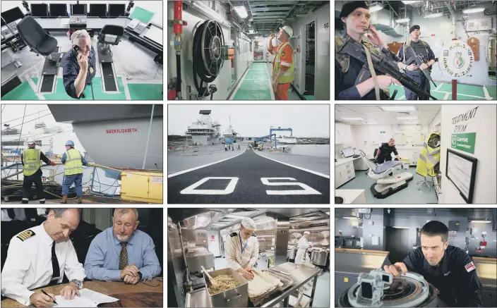  ?? PICTURES: JANE BARLOW/PA WIRE. ?? SETTING SAIL: Top, Commander Air Mark Deller makes final preparatio­ns in the flight control tower; final preparatio­ns below deck; armed military patrol onboard; middle, final preparatio­ns are made by engineers; engineers and crew on the flight deck;...