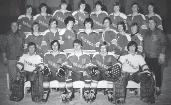  ?? CHAD HIPOLITO / POSTMEDIA NEWS FILES ?? The 1972 Humboldt Broncos team photo shows Dr. Terry Henning, left, as head coach. He was given the job after the team’s first coach celebrated wins with a little too much gusto.