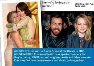  ??  ?? ABOVE LEFT: Jen and pal Emma Stone at the Oscars in 2015. ABOVE MIDDLE: Emma and Justin have sparked rumours that they’re dating. RIGHT: Jen and longtime bestie and Friends co-star Courtney Cox have been seen out and about, looking upbeat.