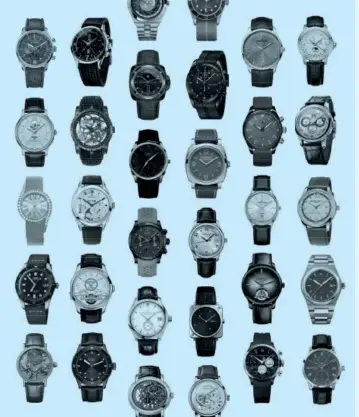  ??  ?? 1re colonne : Zenith / Tissot / Piaget / Oris / Breguet 2e colonne : Vulcain / Roger Dubuis / Pequignet / Montblanc / Blancpain 3e colonne : Vacheron Constantin / Rado / Parmigiani Fleurier / Mido/ Carl F. Bucherer / Audemars Piguet 4e colonne : Tudor...