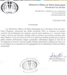  ??  ?? Comunicado emitido el 24 de junio por la congregaci­ón Oblatos de María Inmaculada de la provincia Cruz del Sur, sector Paraguay.