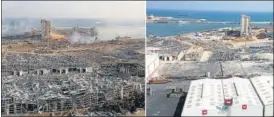  ?? REUTERS ?? A combinatio­n picture shows the damage around the site of the explosion, shot on August 5, 2020, and the same area after almost a year since the blast in Beirut, Lebanon.